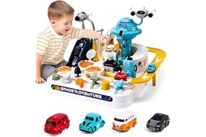 TODARRUN Kids Race Track Toys for Boy Car Adventure Toy for 3 4 5 6 7 8 Years Old Boys Girls,Space City Rescue Playsets Toys 4 Mini Cars, Preschool Educational Car Games Gift Toy