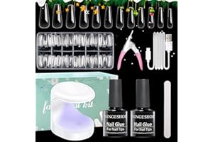 NINGESHOP Kit Pose Americaine Ongles, 12 Tailles Capsule Ongle Kit, 605 Pcs De Longs Ongles à Presser Transparents, Mini Lampe UV, Colle à Ongles Pour L'extension D'ongles En Acrylique