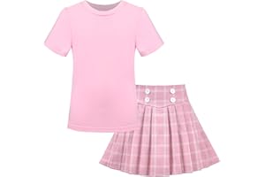 SUNNY FASHION Girls 2 Piece Set Skirt T-Shirt Crop Rib-Knit Plaid Casual School Age 4-10 Years