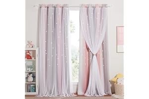 NICETOWN Cortinas Infantiles Niña Cortinas Dobles con Estrellas Huecas y Gasa de Red Cortinas Niños Habitacion Cortinas Opacas Cortinas Aislantes Termicas, 2 Piezas, 132x260 cm, Rosa-Gris