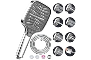 GEMDOIT Shower Head High Pressure Shower Heads – with 8 Spray Modes and 1.5m Hose, Square Handheld Showerhead for Bathroom Fixtures, Handheld Showers, Bath Shower Attachment, Large Shower Head Chrome Silver