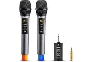 Bietrun Micro Karaoke sans Fil Bluetooth, UHF Microphone Dynamique Portable à Main Double avec Effets Sonores Basse/Echo/Aigu, Récepteur Rechargeable 30M pour Karaoké, Discours, Spectacles,Conférence