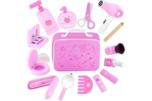 GAGAKU Set di trucchi in legno per bambini Set di trucchi finti in legno Kit di giocattoli finti Montessori con specchio asciugacapelli per bambini e bambine Regali di profumo