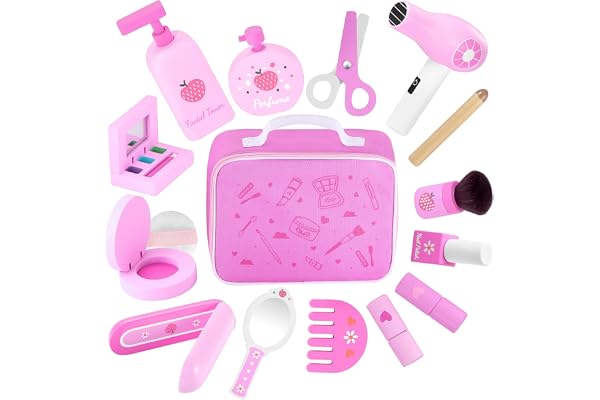 GAGAKU Set de Maquillage en Bois pour Enfants Kit de Jouets en Bois Montessori Makeup Play Dress Up Kit avec sèche-Cheveux Miroir pour Les Enfants en Bas âge Petites Filles Parfums Cadeaux
