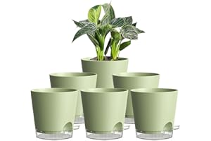 Homeuouz 6er Set Selbstbewässerungstopf – 15cm Blumentöpfe mit Bewässerungssystem in Matter Optik, selbstwässernder Blumentopf für Balkon & Innenbereich, Grün mit transparentem Untersetzer