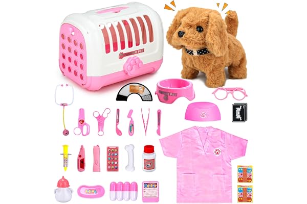 UBeesize Ensemble de 31 pièces - Mallette de médecin pour enfants avec chien électrique jouet qui marche et aboie, chien interactif avec véritable stéthoscope, thermomètre pour jouet de vétérinaire