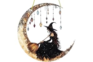 CUNEGRA Suncatchers for Windows, Vintage Acrylic Moon & Witch Sun Catchers, Gothic Stained Glass Window Hangings for Living Room Bedroom Window Decoration Wall Art Decor, Witch Gifts (20 * 20cm)
