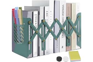 Buchstütze,DARUITE Verstellbar Bücherhalter für Regal,Buchständer Kinder mit Stifthalter,Adjustable Bookends Metall Bücherregal rutschfeste,Ablage Büromaterial für Büro Schule Bibliothek (Grün)