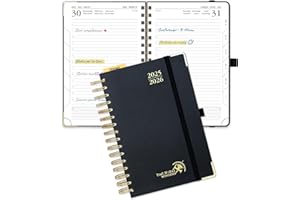 POPRUN Agenda Giornaliera 2025 2026 A5 Spirale, Daily Planner 21,5 x 14,5 cm 1 Giorno 1 Pagina da Ago.2025 a Lug.2026 con Schede Mensili, Carta Spessa da 80 GSM, Nero