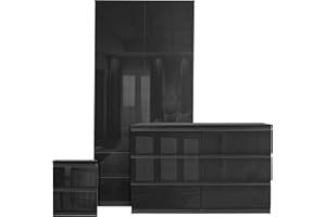 Blisswood High Gloss Bedroom Wardrobe sets with 2 Door Wardrobe 6 Drawer Chest of Drawers + 2 Drawer Bedside Table Cabinet Bedroom Set for 3 Piece Bedroom Storage furniture Set, Black