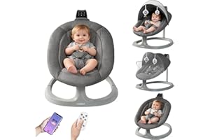 YUMBOT Transat Bebe, Balancelle Bebe Electrique 0 à 12 kg,Pliable avec moustiquaire,5 Vitesses de Balancement Assiette,APP Bluetooth,Harnais à 5 Points,Utilisation intérieure et extérieure,Gris Foncé
