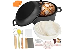 KINCONNYEN Forno olandese in ghisa da 5 qt (kit per lievito madre con cestello per lievitazione, lame e coperchio - ideale per cuocere il pane) (cucina familiare, friggere, brasare e barbecue)