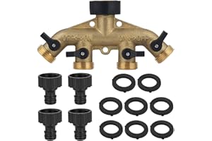 MOENDERGO 4 Vías Latón Macizo Manguera Divisor 4 Vías Conector con, Grifo y Tomas De 3/4 Pulgadas, Divisor de Manguera Exterior Resistente, Adaptador De Grifo De Jardín, Colector De Tubería De Agua