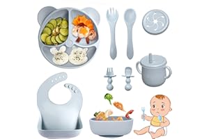 Bizcasa Set Pappa per Bambino, 9 Pezzi, Set Pappa Svezzamento per Bambini in Silicone, Senza BPA, Set di Posate per Bambini Antiscivolo con Ventosa Piatto Ciotola Tazza Bavaglino (Grigio)