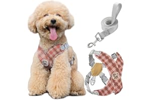Pawaboo Imbracatura di Sicurezza per Cani, Pettorina e Guinzaglio con Gancio Metallico, Senza Tirare e Traspirante, M, Cachi Plaid
