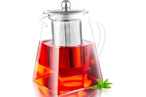 MS WGO 950ml/32.12oz Heat-Resistant Borosilicate Glass Teapot with Strainer, Handmade Glass Teapot with Infuser, Square Shape Infuser Tea Pot