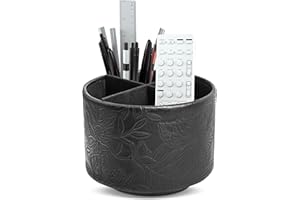 Czzmy Rund Stiftehalter,Leder,360° drehbar,Fernbedienungshalter, drehbarer Nachttisch, TV-Fernbedienung, Schreibtisch-Organizer für Stifte, Bürobedarf, Aufbewahrungsbox(1-Schwarz geschnitzt