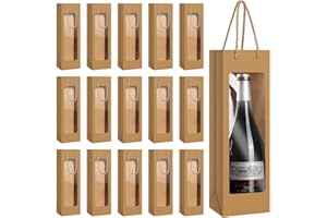 VEKLIQ 50 Bolsa Botella Vino, Bolsa Reutilizable para Botellas, Ventana Transparente, Bolsas de Papel con Asas, Sacos de Almacenamiento de Vino, Champán y más, para Navidad, Bodas y Fiestas(Color Marrón)(50)