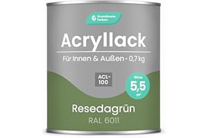 GRUNDMANN FARBEN Grundmann Acryllack ACL 100 - Grün 0,7 Kg - 4in1 Lack inkl. Grundierung - Innen und Außen - Für Holz, Metall, Stein & Kunststoff - Resedagrün RAL 6011
