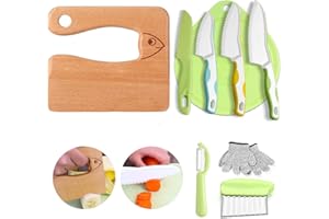 GOODCHEF Lot de 9 couteaux de cuisine pour enfants - Pour couper et cuisiner des fruits ou légumes - Sécurité en bois - Planche à découper - Couteau éplucheur - Couteau à partir de 2 ans (poisson)