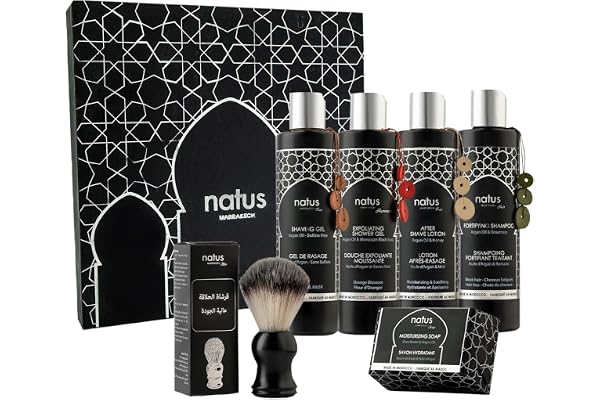 Coffret Beauté Homme à l'Huile d'Argan - Savon, Shampooing, Gel douche, Gel de Rasage, Après-Rasage & Blaireau artisanal - Tous Types de Peau/Cheveux - Végan et Naturel