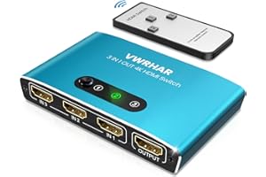 VWRHAR Sdoppiatore HDMI, HDR Alluminio Switch HDMI 3 In 1 Out con Telecomando, 4K Splitter HDMI Supporta 3D 1080P HDCP1.4, HDMI Switch per TV, PC, Fire Stick, PS5/4/3, Xbox, Blu-Ray, DVD Player