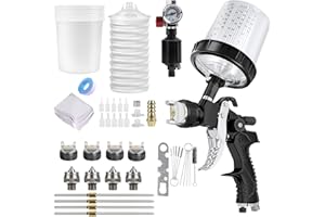 ORIFESIO HVLP Lackierpistole Spritzpistole mit 4 Düsen-1,4/1,7/2,0/2,5mm, Lackierpistole Druckluft Schwerkraft Sprühgeräte mit 600ML Messbechern, 10 Einweg-Farbmischbechern und Deckeln, 20 Filtern (Schwarz)