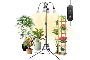 SANSI Lámpara de Plantas 900W, Lámpara LED Cultivo de Espectro Completo con 4 Bombillas de Crecimiento E27 Reemplazables, Soporte Extensible 40-110cm, 4 Brazos Ajustables de 360°