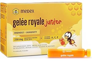 ‎MEDEX Medex Gelée Royale JUNIOR, frisches Gelee Royal 250 mg, mit natürlichen Vitaminen A, C, E, ausgezeichneter Geschmack, ohne Süßstoffe, für Kinder ab 3+, Flüssigkeit in Ampullen 10 x 9 ml