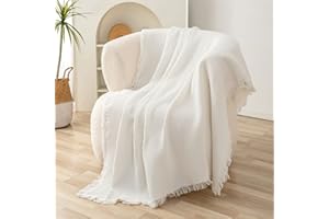 LHGOGO Narzuta na sofę waflową, tkana narzuta na sofę, duże narzuty na kanapy z frędzlami, odwracalny, wszechstronny koc, na sofę, pojedyncze łóżko i fotel, 130 x 180 cm, biały