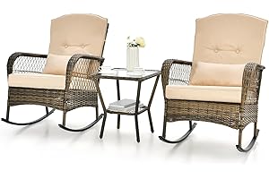 GIANTEX Juego de Muebles de Ratán 3 Piezas, Cojunto de Mecedoras para Jardín, 1 Mesa de Café y 2 Mecedoras, con Cojines, Juego de Mesa y Silla para Jardín, Terraza y Patio