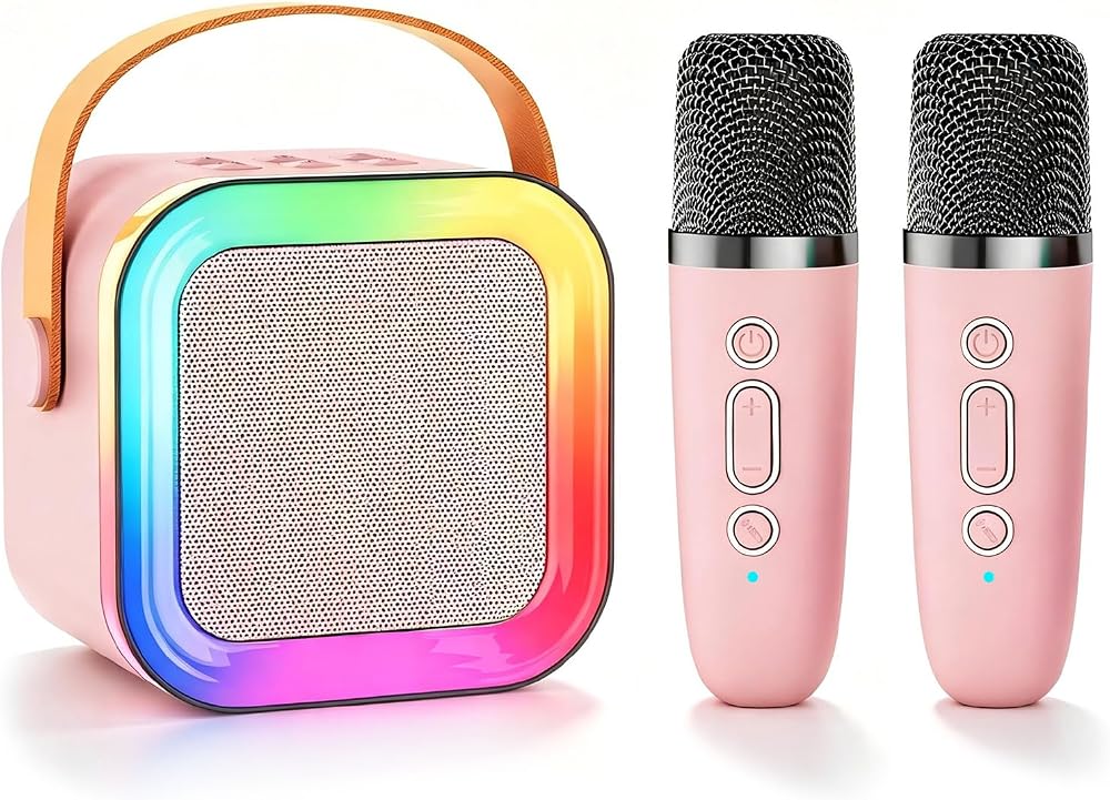 Çocuklar Yetişkinler için Mini Karaoke Makinesi Hoparlörü, 1-2 Kablosuz Mikrofonlu Taşınabilir Bluetooth, Noel Doğum Günü Hediyeleri Oyuncaklar Kız Erkek 4, 5, 6,7, 8,9,10,11,12+ Yaş Küçük Çocuk