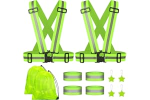 YANSYUN Reflektorweste Warnweste Set, 2er Reflektierende Weste & 4 Reflektorbänder & 4 Reflektor Anhänger für Kinder Erwachsene Fahrrad Laufen Outdoor Sports