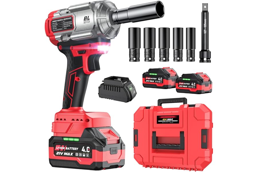 XIAZIR Cordless Impact Wrench 1200 Nm, 1/2 inch Impact Gun, 21V 4.0Ah×2 Batteries & Fast Charger, 3-Speed Control with LED Light, Includes 5 Sockets + Extension Bar + Carry Case