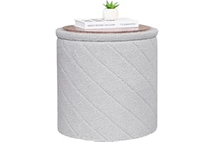 Bonlife Round Ottoman Stool with Storage, Folding Footstool with Lid,Boucle Vanity Stool for Living Room,Bedroom,Entryway,Grey,43x43x45cm