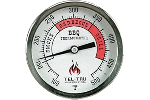 Tel-Tru BQ300 Barbecue Thermometer, 7.6cm aluminium zoned dial, 6.4cm stem, 100/500 degrees F