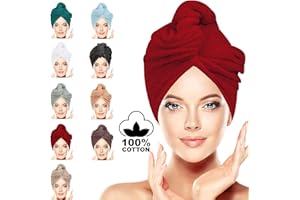 BAVIN LUXURY Hair Towel Wrap 100% Cotton, Instant Drying Lightweight Turban Cap Super Quick Absorbent Anti-Frizz Twist Toweling Dry Hat with Button Loop for Long Curly Hairs, 62CM x 23CM Red Single