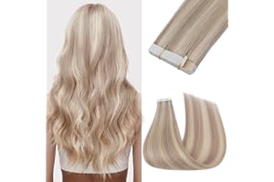 Silk-co Extensiones Adhesivas Pelo Natural Sin Clip con Cinta Adhesiva (20pcs*1g) 100% Cabello Humano Liso Largo Se Ve Natural 100% Remy Hair 20g-35 cm #22P613 Champagne&Blanqueador Rubio