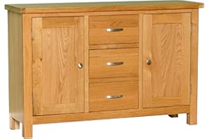 RoselandFurniture London Oak Large 3 Drawer Sideboard | Contemporary 2 Door Solid Wood Cupboard Storage Cabinet for Dining or Living Room, Fully Assembled, 115 x 75 cm…