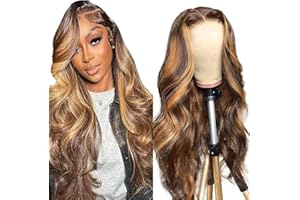 Hxxcoup Body Wave Human Hair Wig 5x5 Lace Front Echthaar Perücke Schwarz Perücke Damen Glueless Wear and Go P427 Highlight Blond Pre Plucked Hairline with Baby Hair for Woman No Smell 12 Zoll