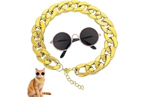 Anseom Chat Lunettes de Soleil Chaîne en Or Costume Décorations Chat Lunettes de Protection UV Lunettes Chaîne Réglable Cosplay Costume Accessoires Photo (1 Verre Noir + 1 chaîne en Or)