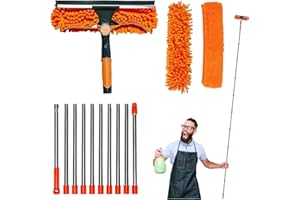 CUMNVULNT 4.5M Window Cleaning Kit, Extra Long 2-in-1 Extendable Window Cleaning Equipment with Microfiber Cloth Squeegee Strips for High Windows, Walls & Cars (orange)