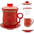 HOLLIHI Porcelain Tea Cup with Lid and Saucer Infuser Sets - Chinese Jingdezhen Ceramics Coffee Mug Teacup Loose Leaf Tea Brewing System for Home Office