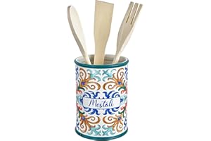 Baroni Home Portamestoli Decorato in Ceramica con Mestoli Inclusi, Accessorio da Cucina Colorato Resistente, Linea Capri, 11x11x25 cm