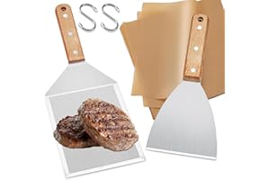 WANGCHAOJIU 2 PcsSpatule Plancha INOX, Spatule Barbecue, Spatule INOX Cuisine avec Manche en Bois, Spatules à Griller pour Smash Burger Hamburger BBQ Ustensile de Cuisine + 20 Papier à Hamburger, 2 Crochets en S