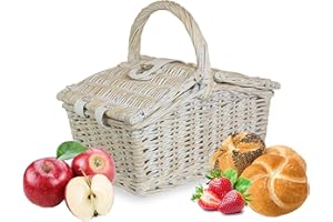 Wrenbury 11" Traditional Picnic Hamper, Small, White| Willow Shopping Basket Picnic Hamper Basket Wicker Picnic Hamper | Small Picnic Basket 28 x 19 x 13cm