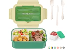 LUZOON Bento Lunch Box,1400ml Bento Box con 3 Scomparti e Posate per Adulti, Porta Pranzo con Posate e Scatola Per Salse,Senza BPA,Sicuri per Microonde e Lavastoviglie (Verde)