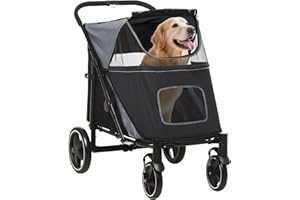 PawHut Cochecito para Perros Plegable Carrito para Mascotas con Ventanas de Malla Carga 30 kg Correas de Seguridad Bolsillos de Almacenamiento 112x65x100 cm Gris y Negro