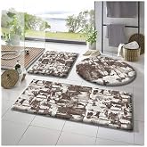 Rachel Carpet 3'l&uuml; Banyo Paspası Desenli Peluş Banyo Halısı Peluş Desenli Krem Rengi Banyo Paspası