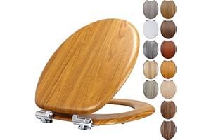 Fanmitrk Soft Close Toilet Seat Yellow Oak Wooden with Adjustable Solid Zinc Alloy Hinges, MDF Wood Oval Toilet Seat with Bottom Fixings, Easy to Clean and Install (JH7306)